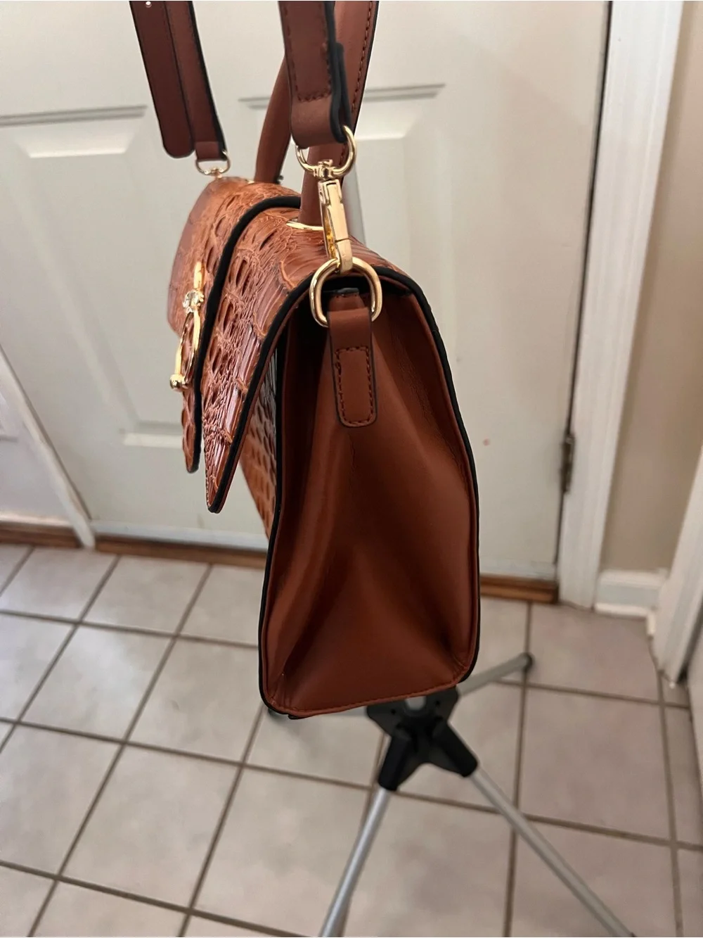 Structured Croc-Embossed Top Handle Bag in Cognac American bee